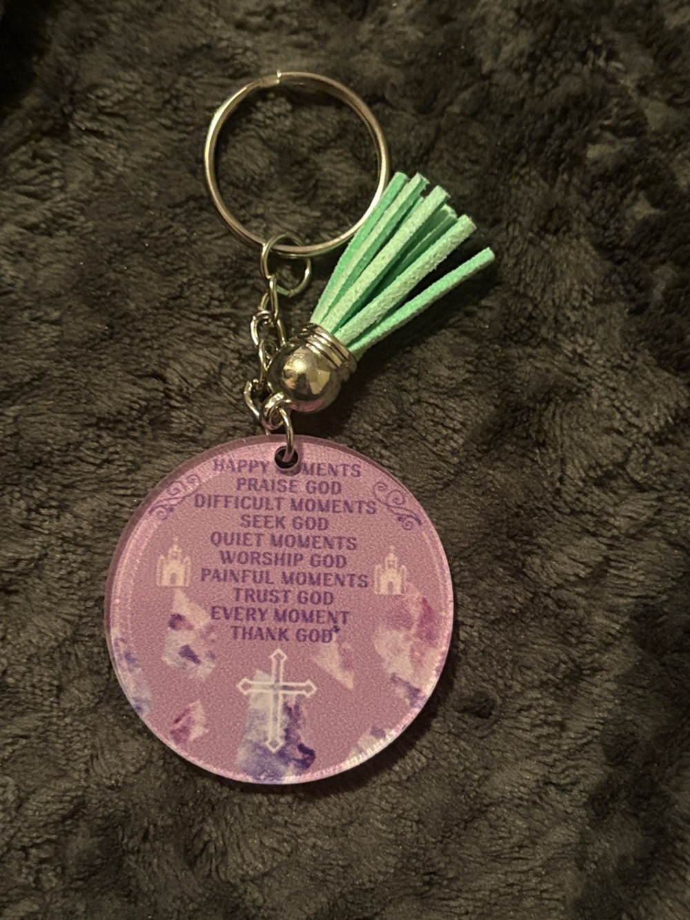 Purple Inspirational Cross Tassel Keychain with Mint Green Suede
